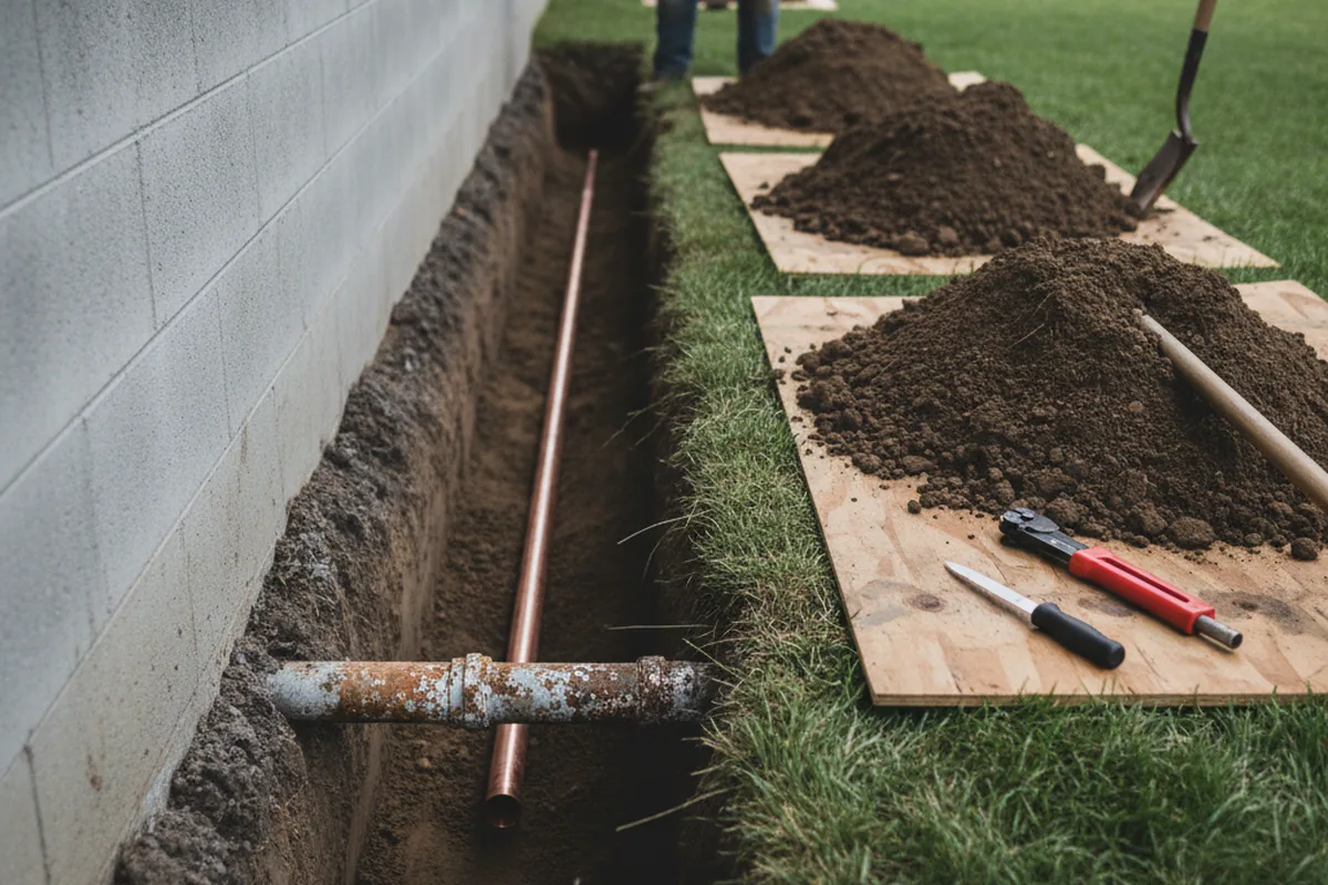 Excavated water line trench during Water Softener Installation in Chinquapin